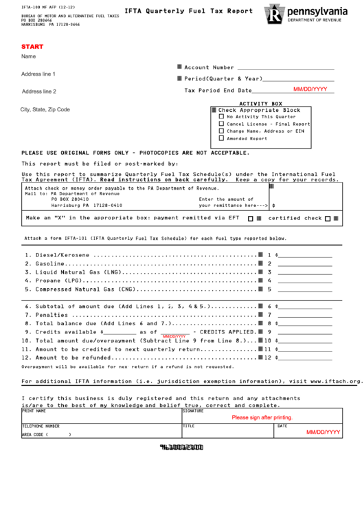 Fillable Form Ifta100 Mf Afp (1212) Ifta Quarterly Fuel Tax Report