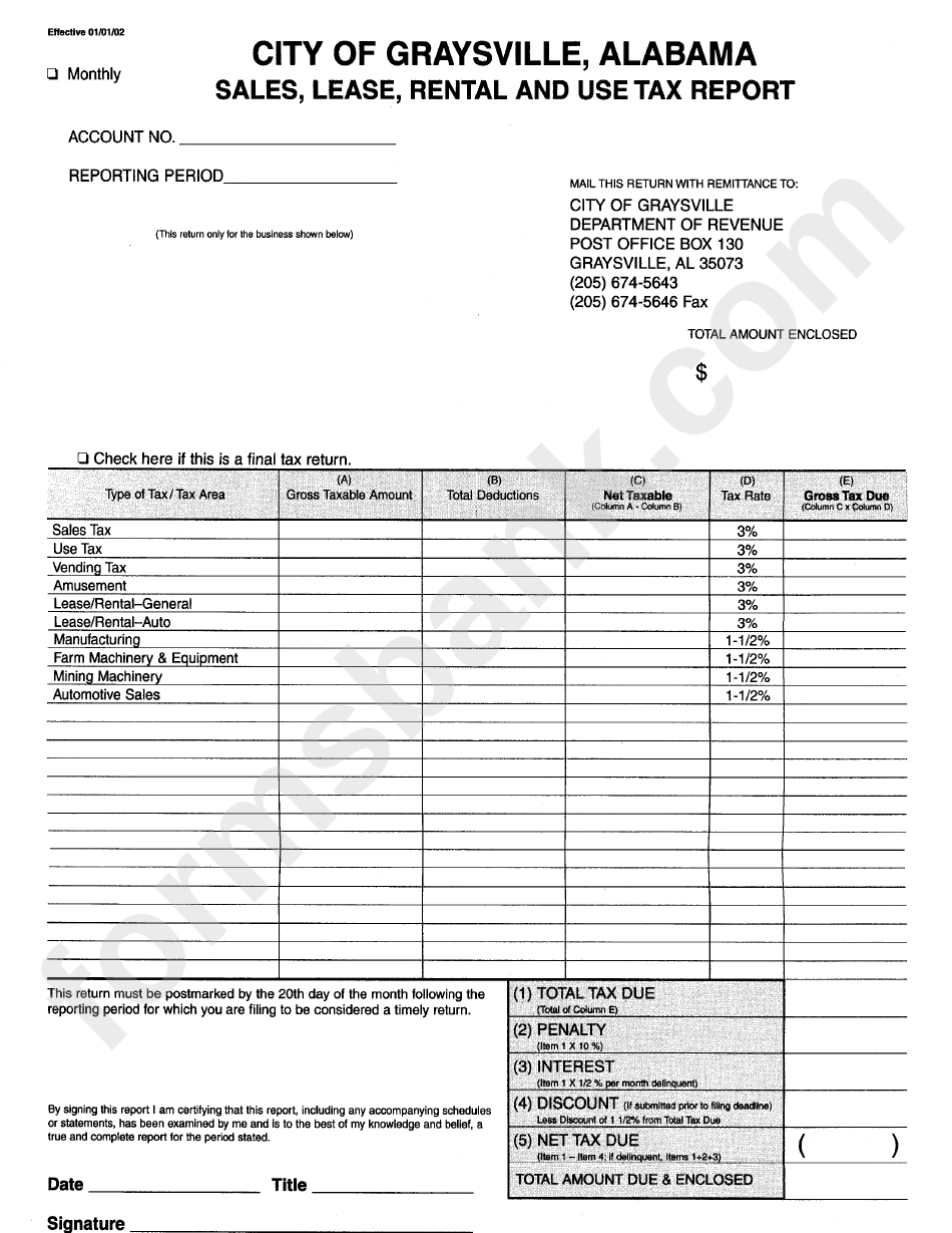 Sales, Lease, Rental And Use Tax Report Form City Of Graysville printable pdf download