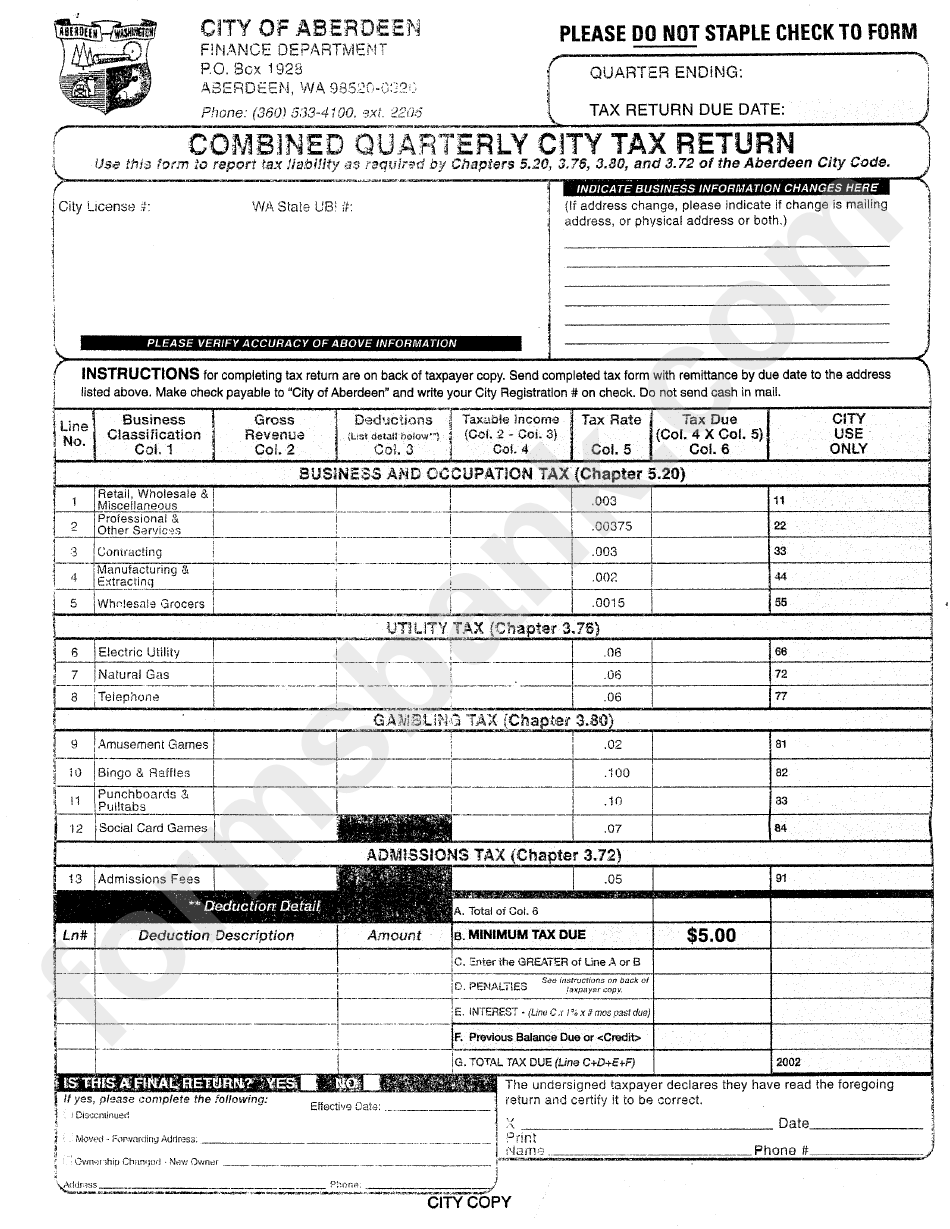 Combined Quarterly City Tax Return Form City Of Aberdeen printable