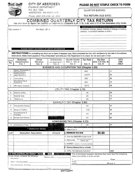 Combined Quarterly City Tax Return Form City Of Aberdeen printable