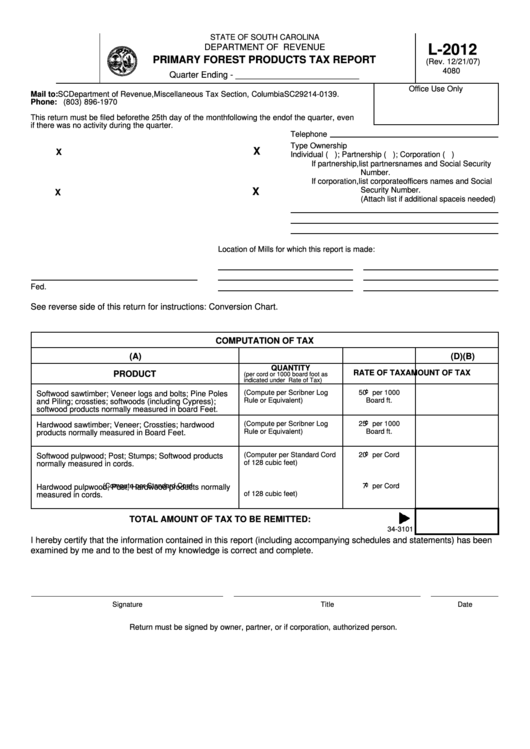 Form L2012 Primary Forest Products Tax Report printable pdf download