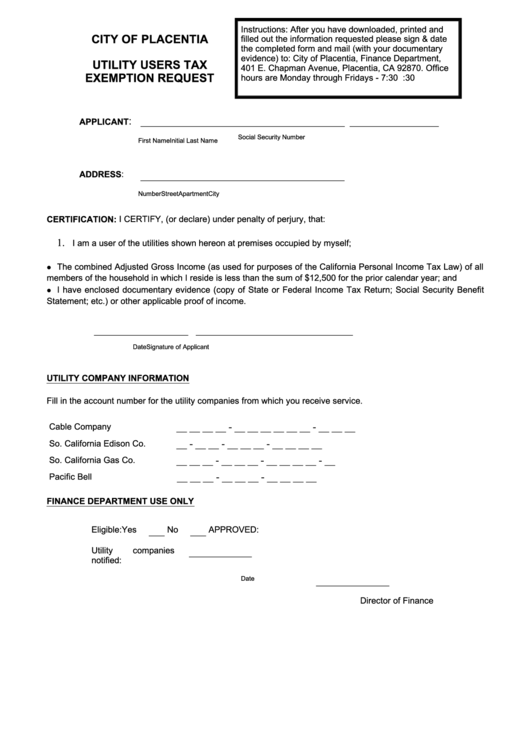 Utility Users Tax Exemption Request Form City Of Placentia printable