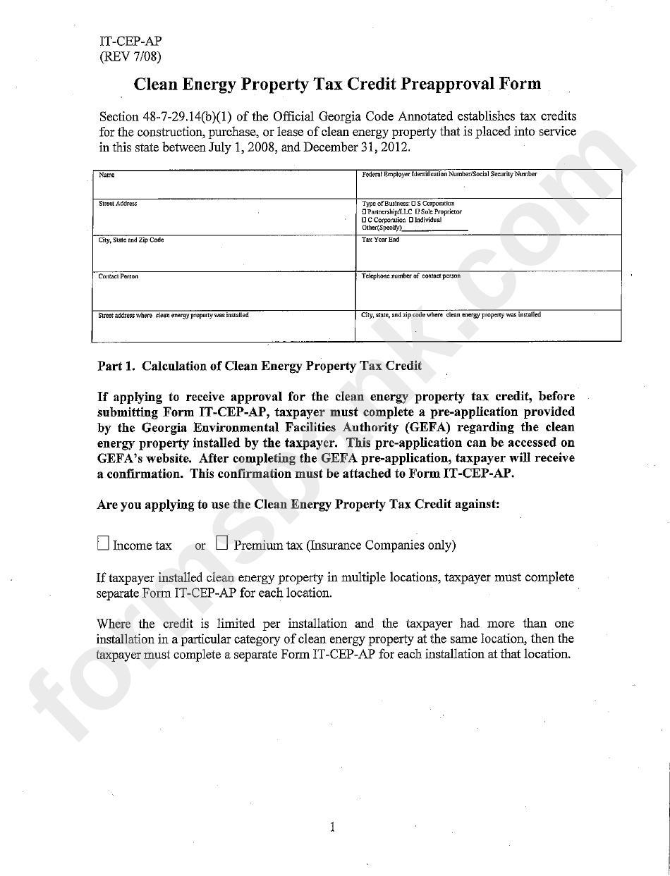 Form ItCepAp Clean Energy Property Tax Credit Preapproval Form