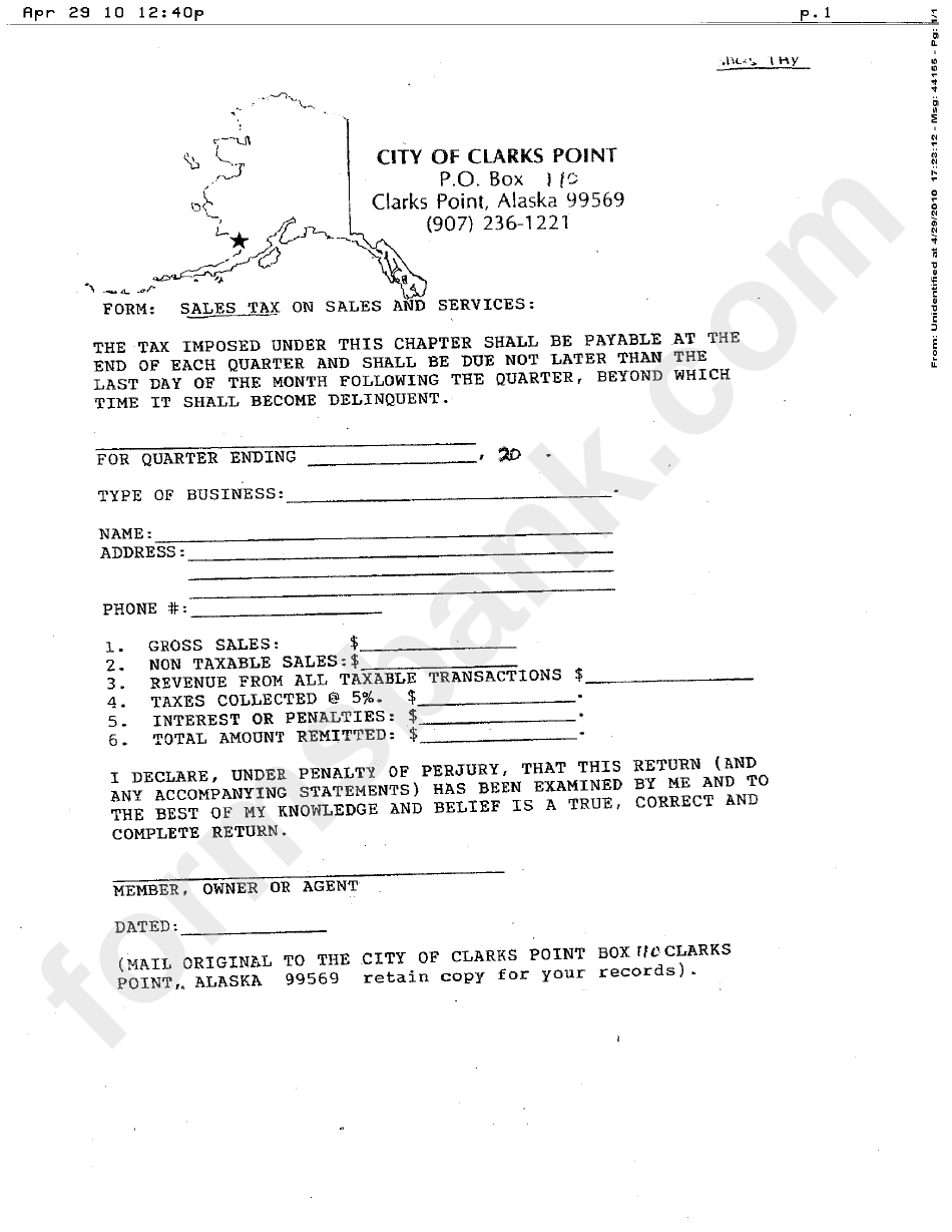 Sales Tax On Sales And Services Form City Of Clarks Point, Alaska