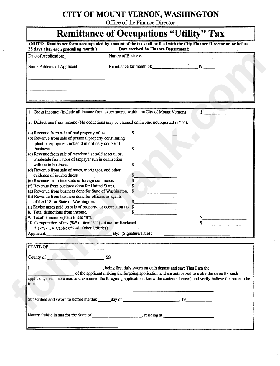 Remittance Of Occupations 'Utility' Tax Form City Of Mount Vernon