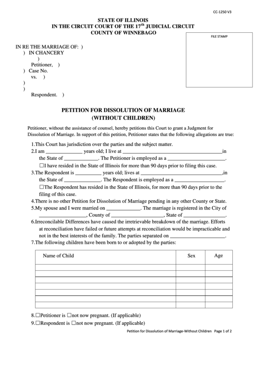 Fillable Form Cc1250 Petition For Dissolution Of Marriage (Without