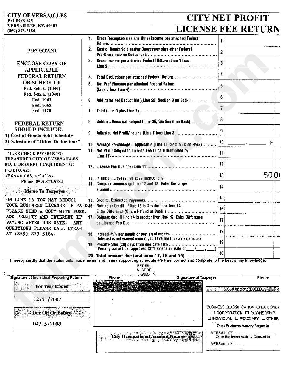 License Fee Return Form 2008 printable pdf download