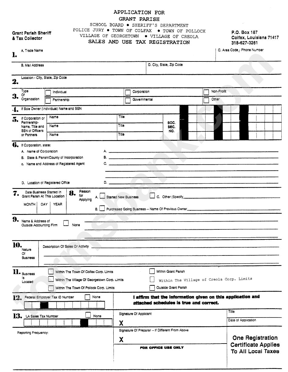 Sales And Use Tax Registration Form Grant Parish Sheriff & Tax