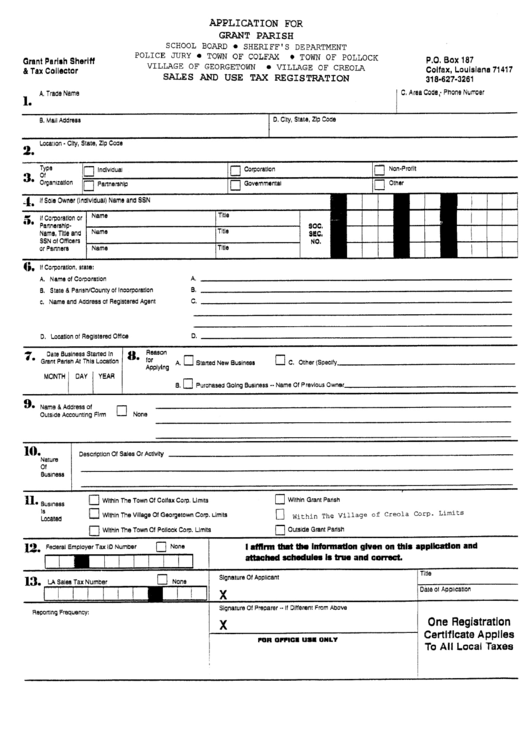 Sales And Use Tax Registration Form Grant Parish Sheriff & Tax