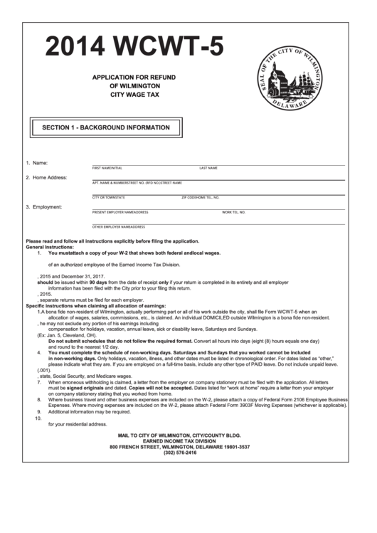 Form Wcwt5 Application For Refund Of Wilmington City Wage Tax 2014