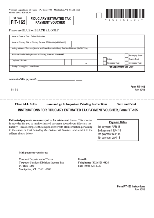 Fillable Vt Form Fit165 Fiduciary Estimated Tax Payment Voucher
