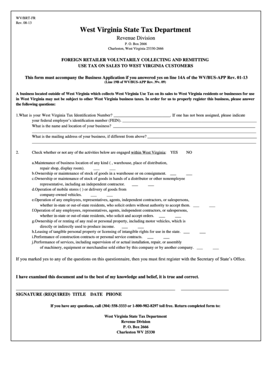 Form Wv/brtFr Foreign Retailer Voluntarily Collecting And Remitting