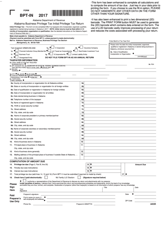 Form BptIn Alabama Business Privilege Tax Initial Privilege Tax