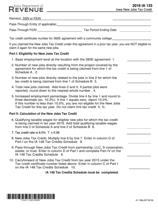 Fillable Form Ia 133 Iowa New Jobs Tax Credit 2016 printable pdf