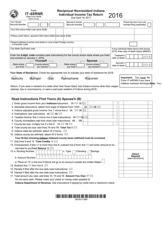 Fillable Form It40rnr Reciprocal Nonresident Indiana Individual