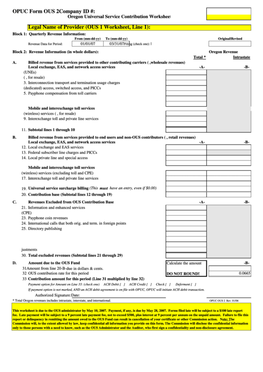 Opuc Form Ous 2 Oregon Universal Service Contribution Worksheet