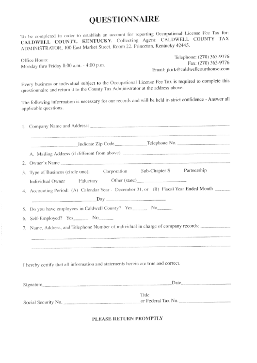 Questionnaire Tax Form printable pdf download