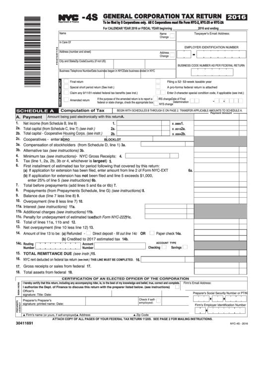 Form Nyc4s General Corporation Tax Return 2016 printable pdf download