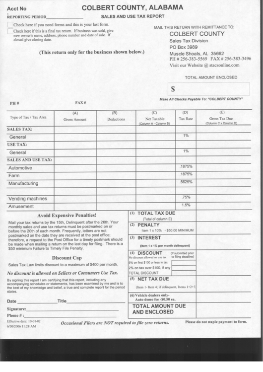 Sales And Use Tax Report Form Colbert County, Alabama printable pdf download