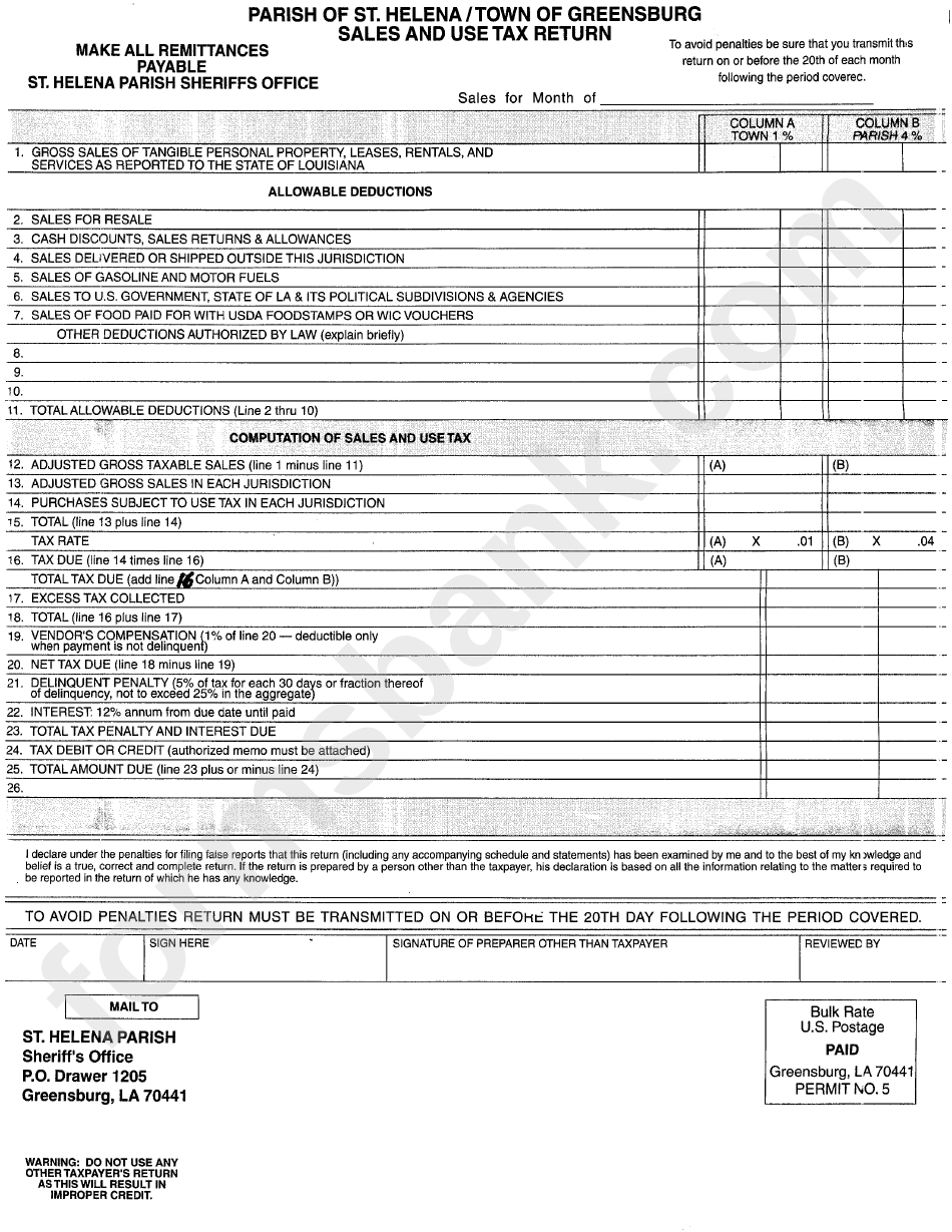 Sales And Use Tax Return Form Parish Of St.helena/town Of Greensburg