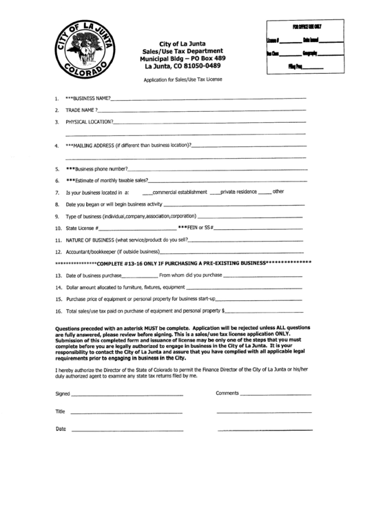 Application For Sales/use Tax License Form City Of La Junta, Colorado Sales/use Tax