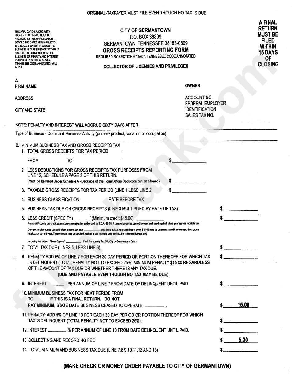 Gross Receipts Reporting Form Germantown printable pdf download