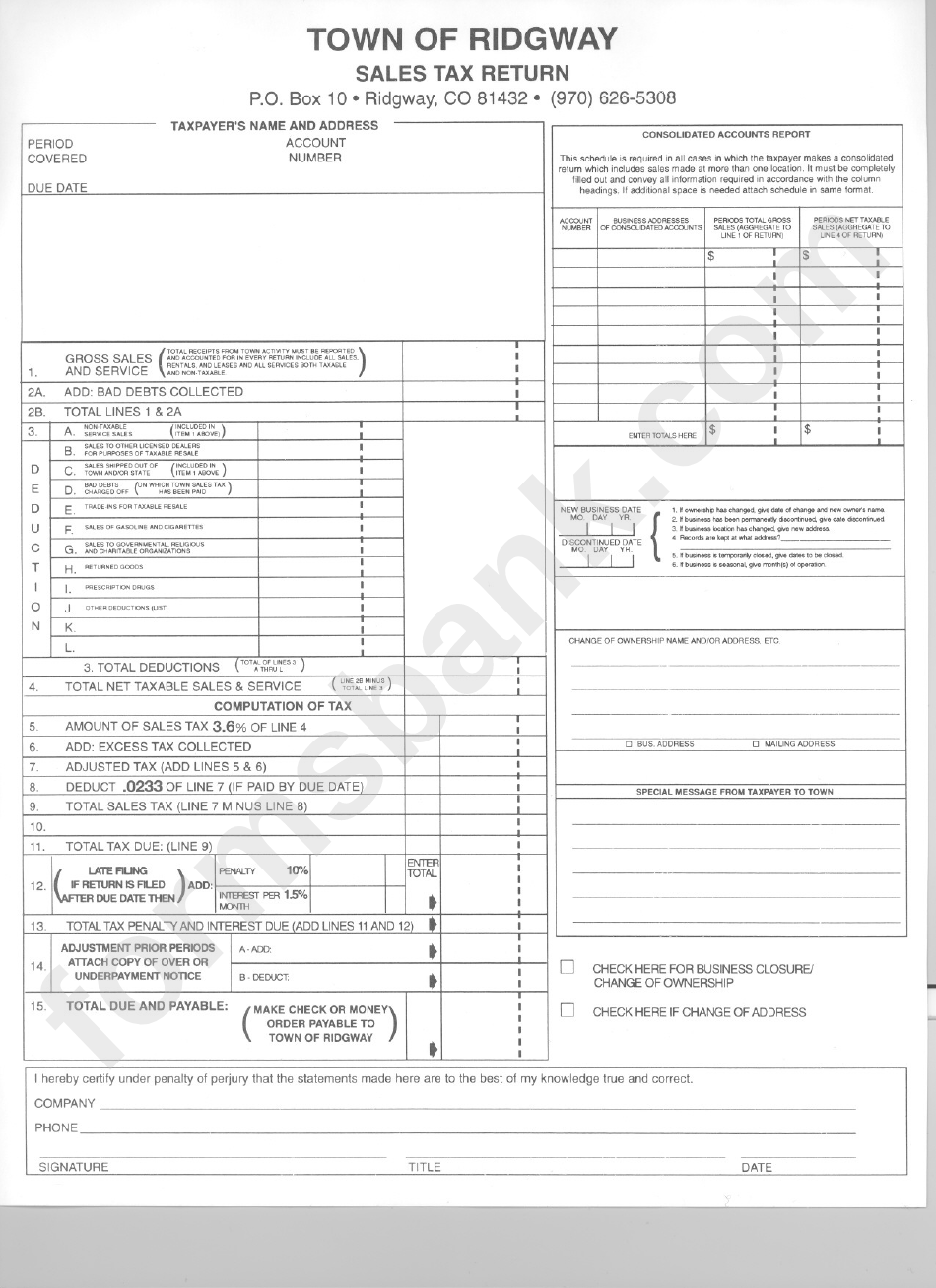 Sales Tax Return Form Town Of Ridgway printable pdf download