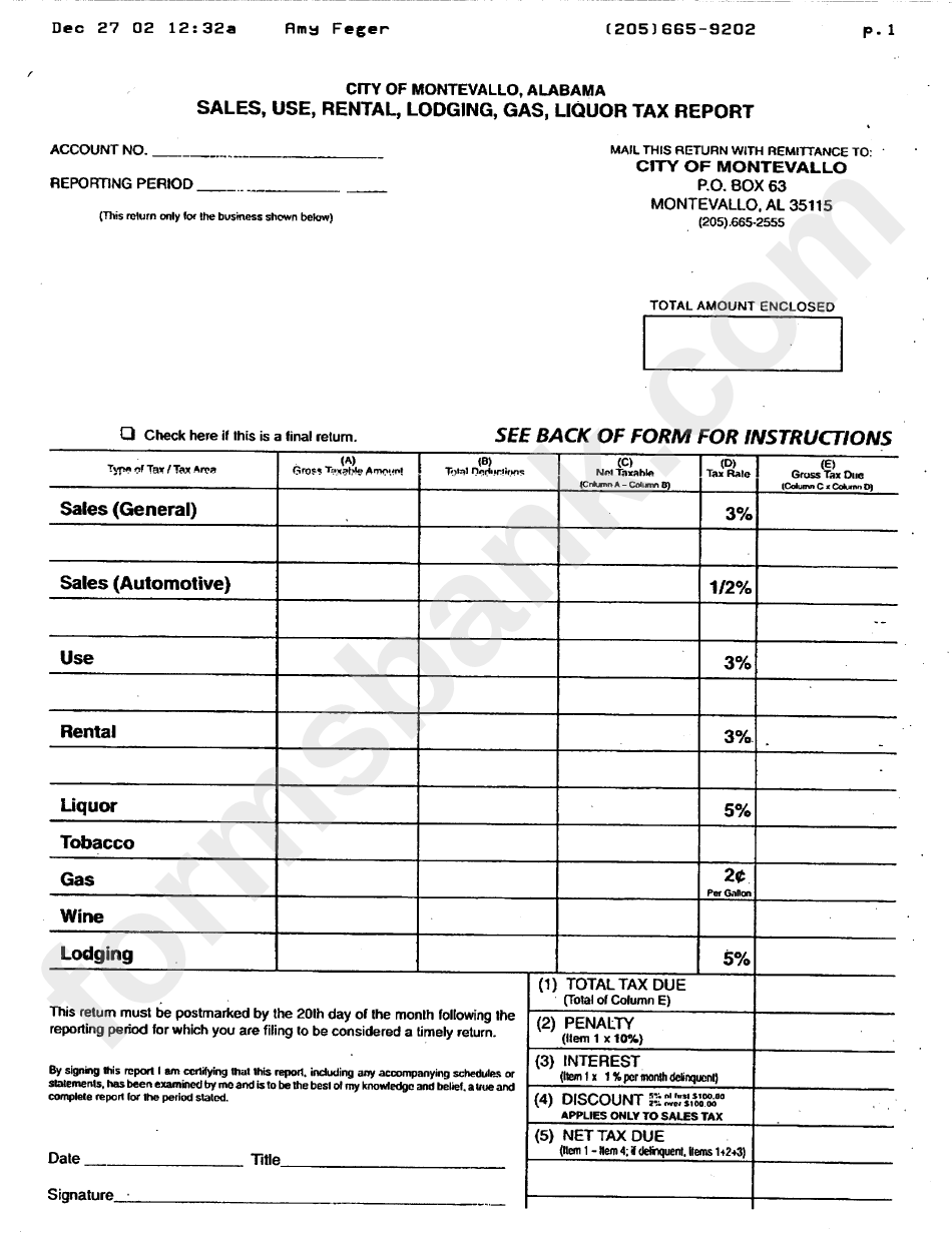 Sales, Use, Rental, Lodging, Gas And Liquor Tax Report Form City Of