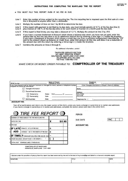 Instruction Sheet For Completing The Maryland Tire Fee Report printable