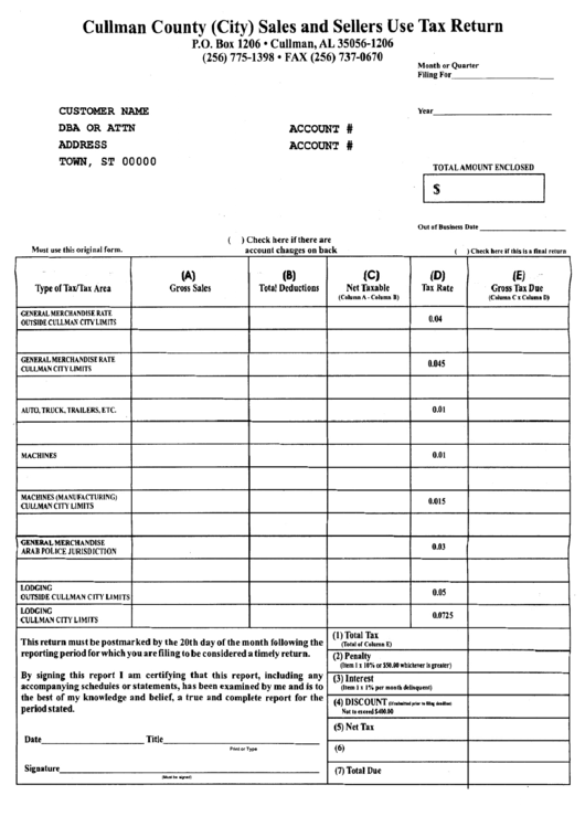 Sales And Sellers Use Tax Return Form Cullman County printable pdf