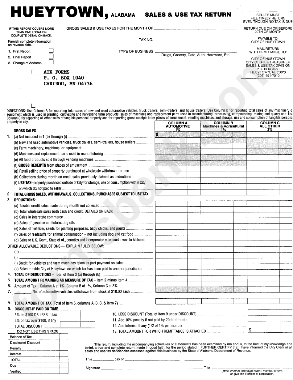 Gross Sales And Use Tax Monthly Report Form Hueytown printable pdf