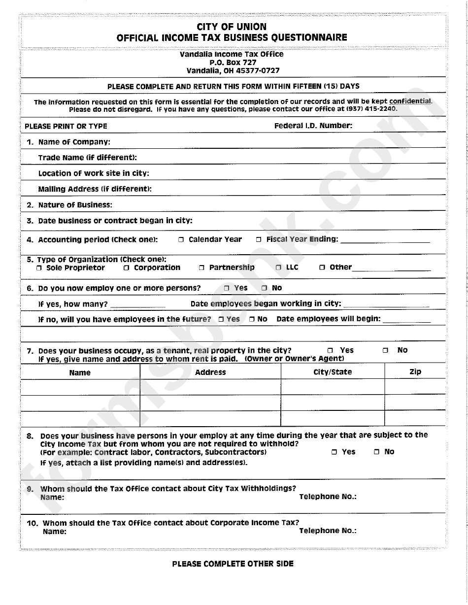 Official Tax Business Questionnaire Form City Of Union