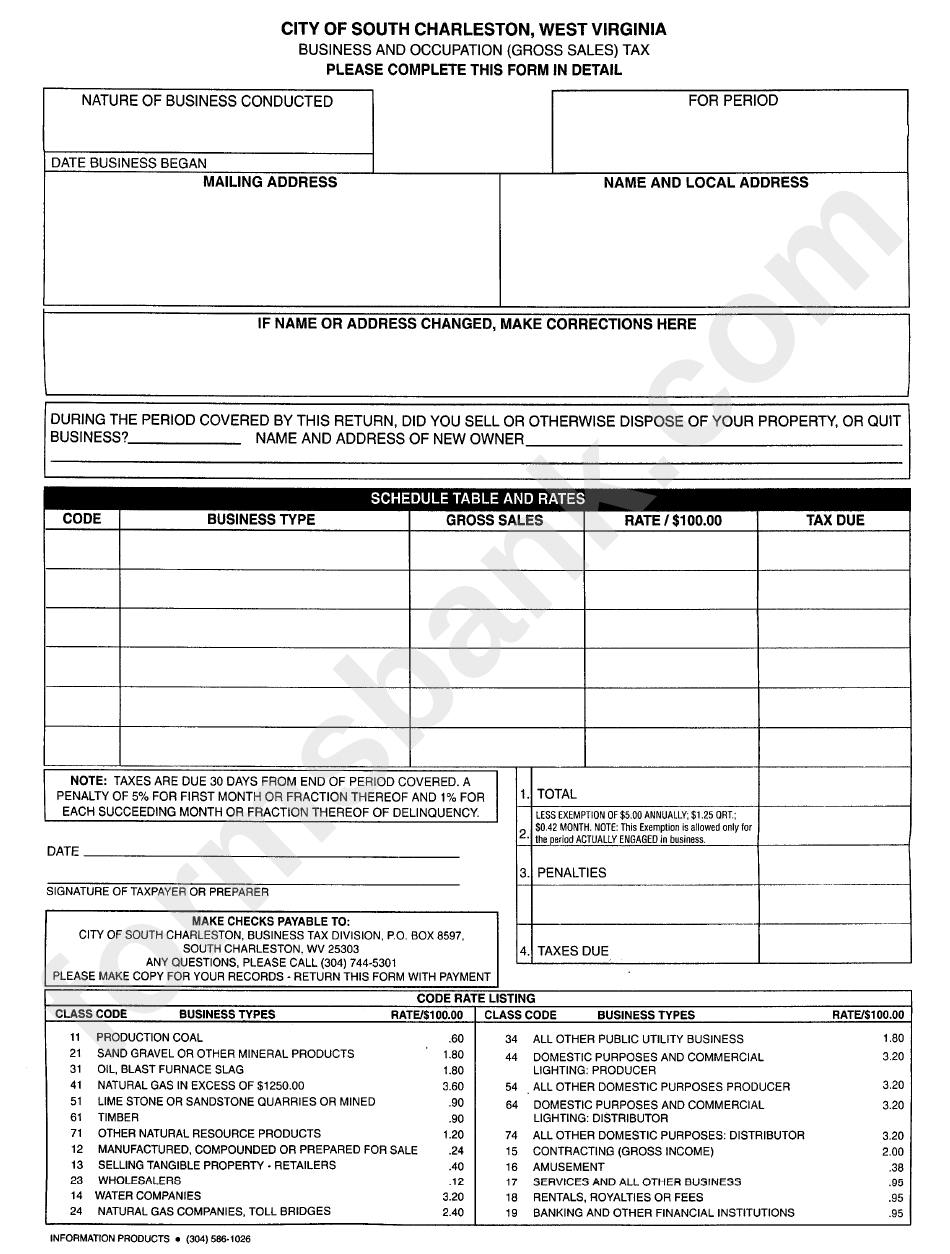 Business And Occupation (Gross Sales) Tax Form City Of South
