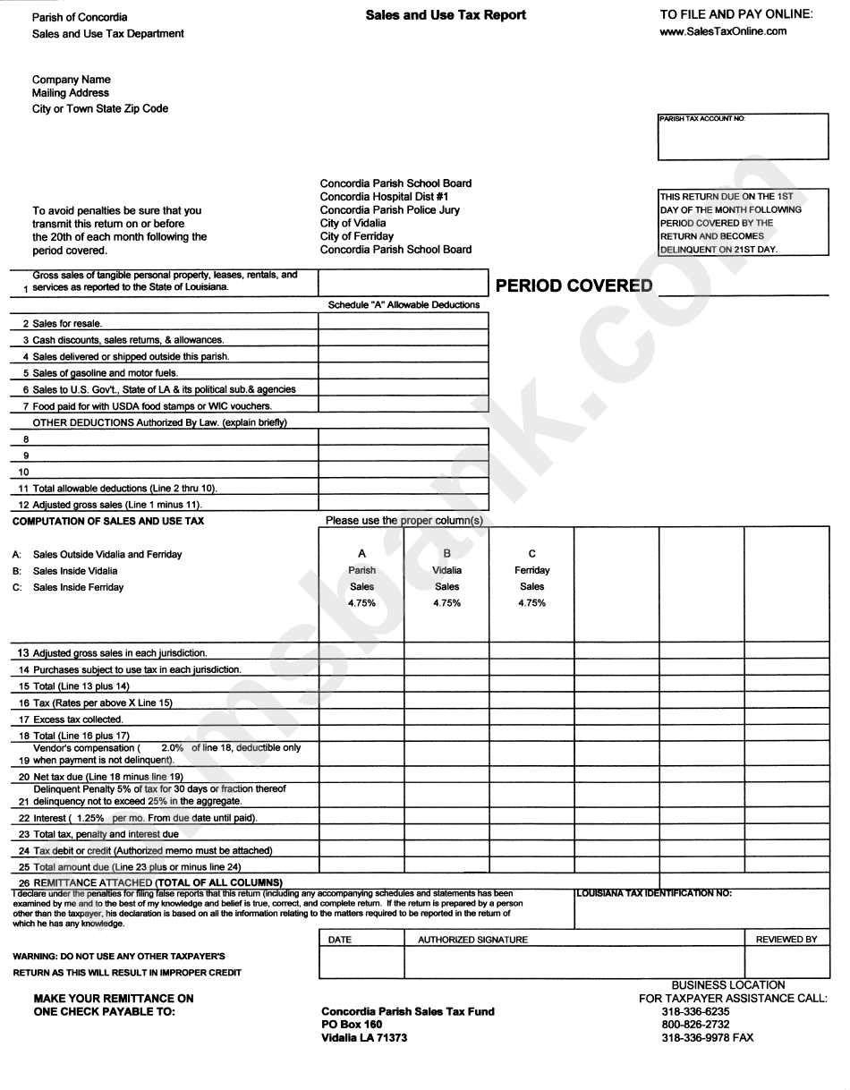 Sales And Use Tax Report Form Parish Of Concordia printable pdf download