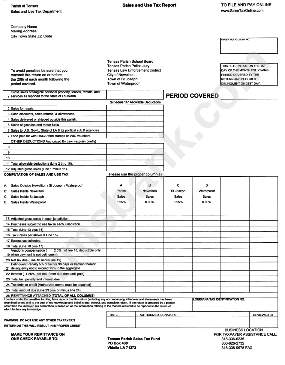 Sales And Use Tax Report Form Parish Of Tensas printable pdf download