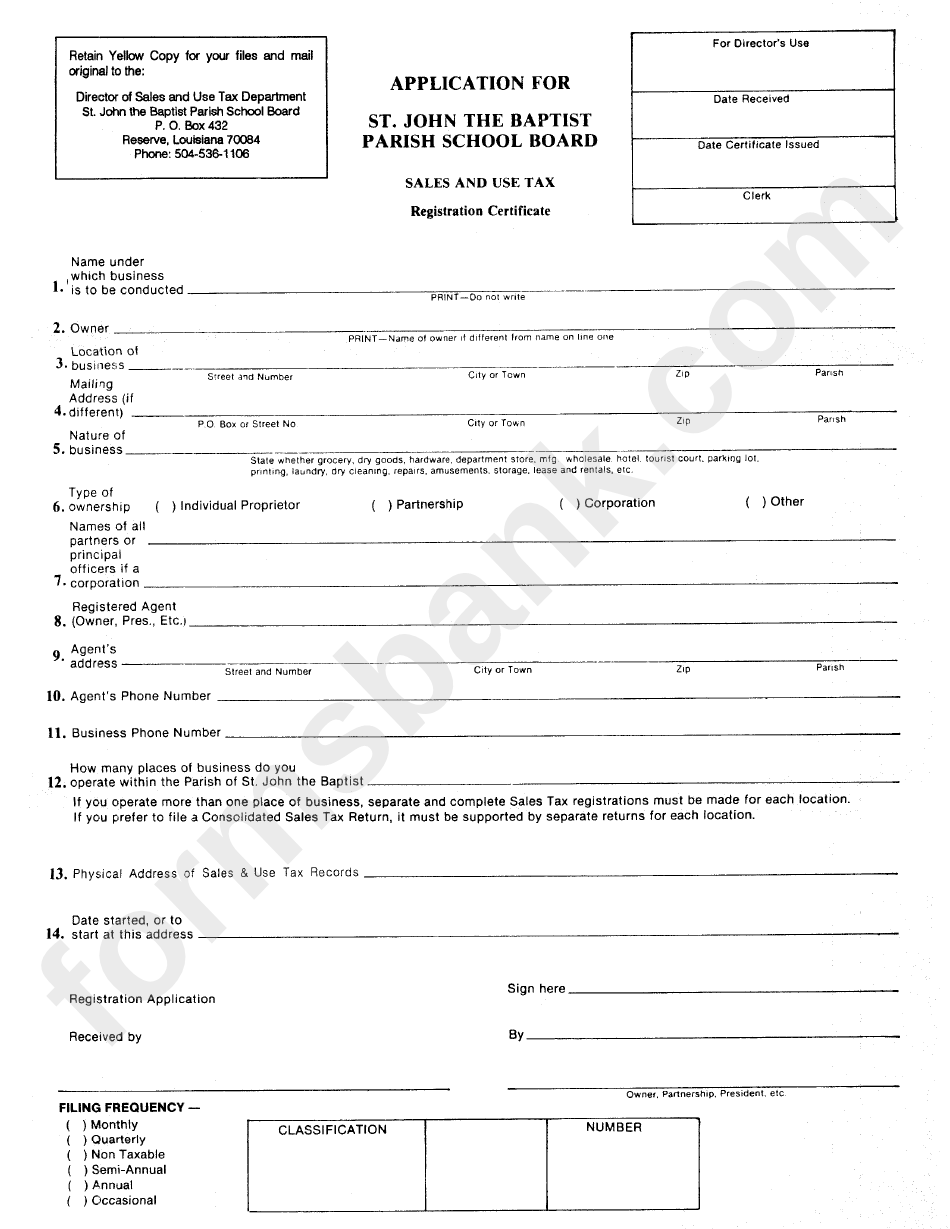 Sales And Use Tax Registration Certificate Form St. John The