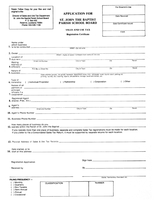 Sales And Use Tax Registration Certificate Form St. John The