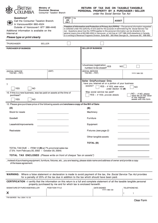 Fillable Form Fin 426 Return Of Tax Due On Taxable Tangible Personal
