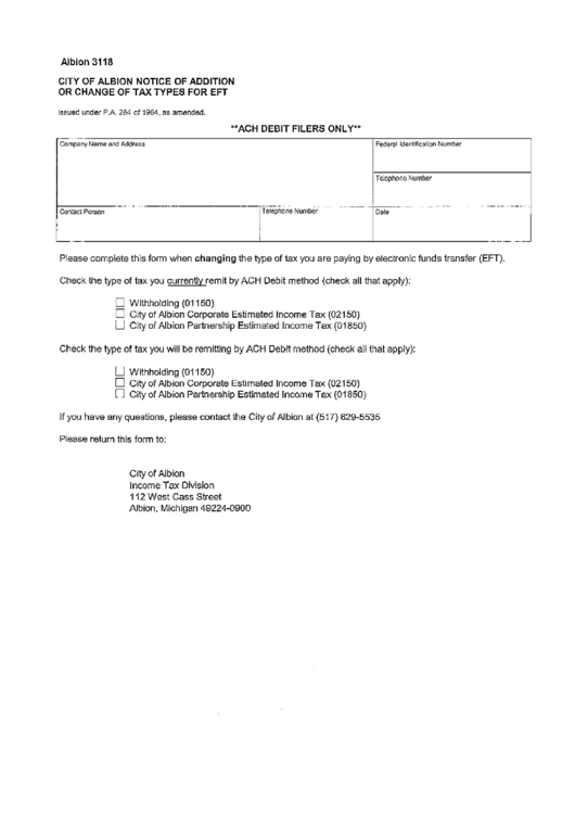 Form Albion 3118 City Of Albion Notice Of Addition Or Change Of Tax