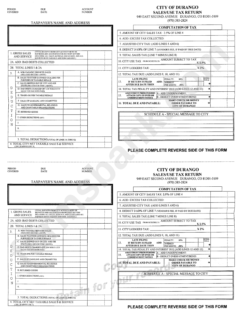 Sales And Use Tax Return Form City Of Durango printable pdf download