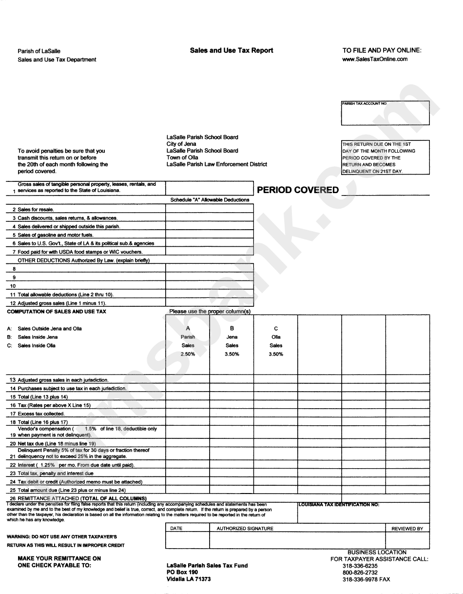 Sales And Use Tax Report Form Parish Of Lasalle printable pdf download