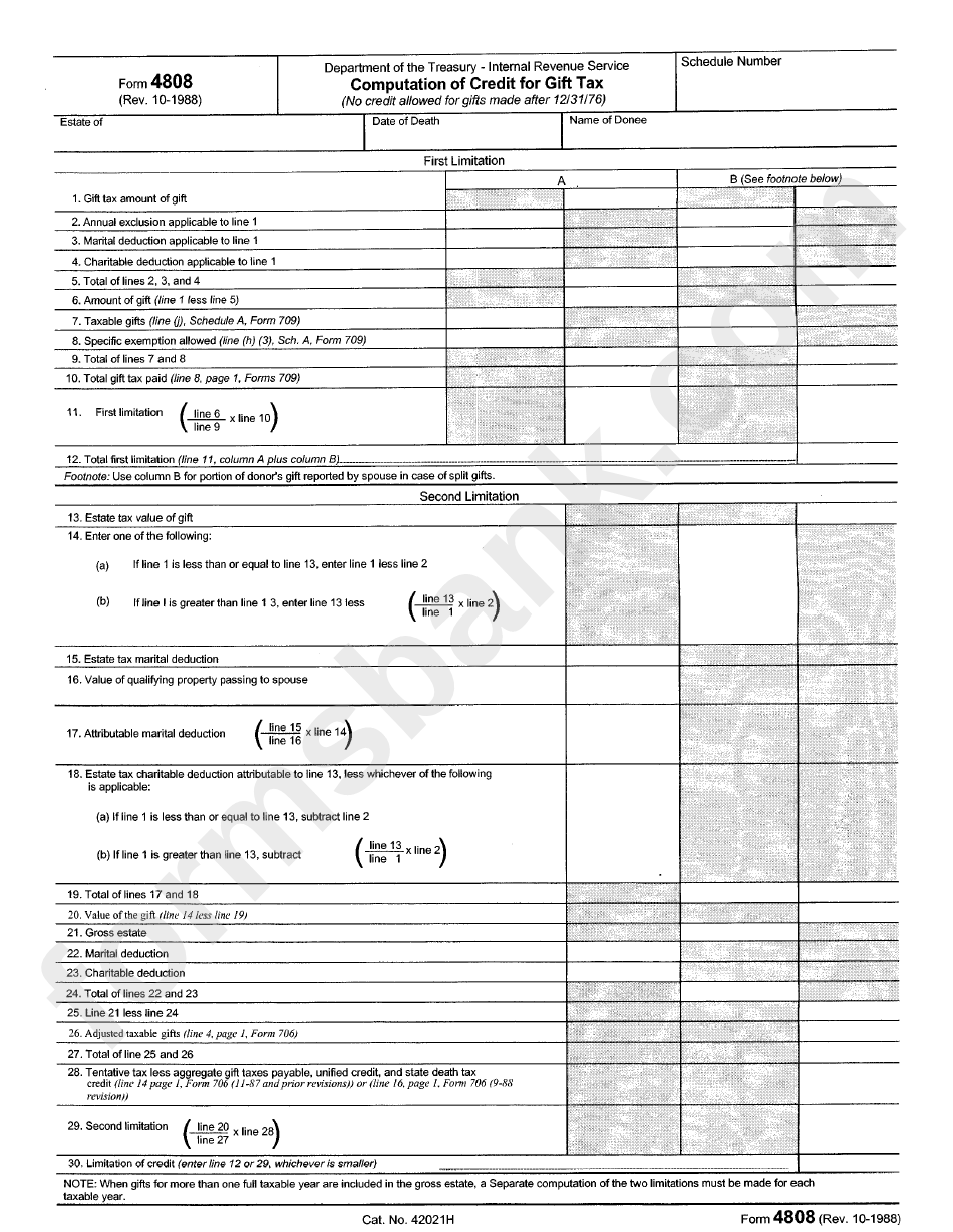 Form 4808 Computation Of Credit For Gift Tax Form printable pdf download
