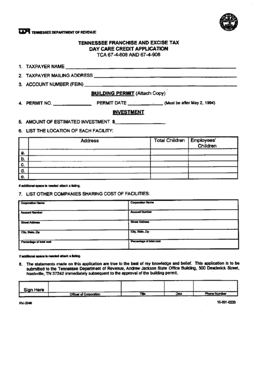 Form Rv2046 Tennessee Franchise And Excise Tax Day Care Credit Application printable pdf download