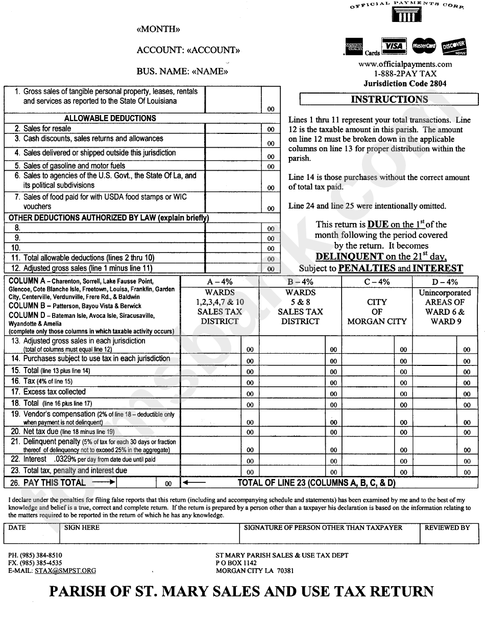 Sales And Use Tax Return Form Parish Of St. Mary printable pdf download