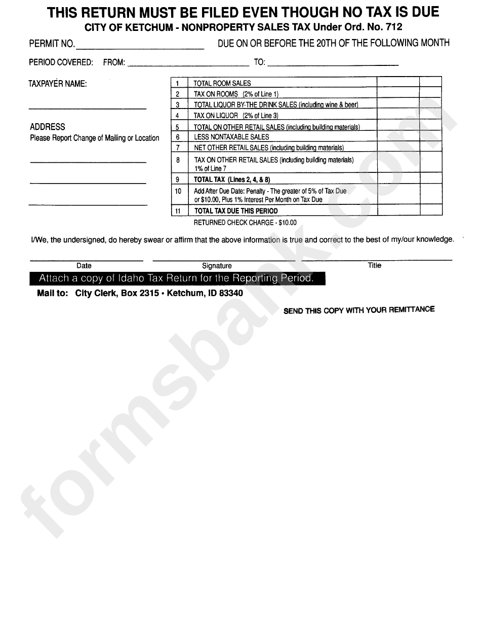 Nonproperty Sales Tax Form City Of Ketchum printable pdf download