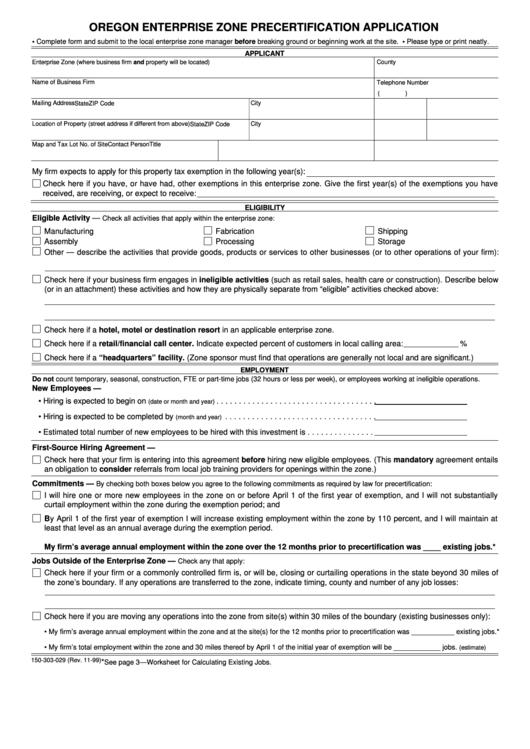 Form 150303029 Oregon Enterprise Zone Precertification Application