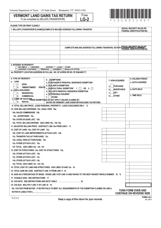 Fillable Form Lg2 Vermont Land Gains Tax Return 2015 printable pdf