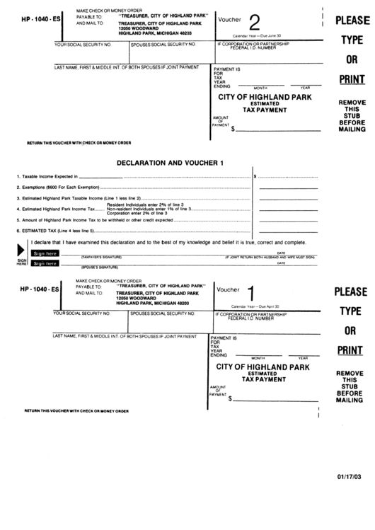 Form Hp1040Es Declaration And Voucher Form Estimated Tax Payment