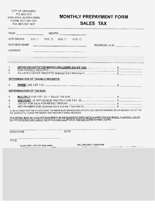 Monthly Prepayment Form (Sales Tax) City Of Unalaska Alaska