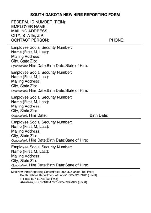 South Dakota New Hire Reporting Printable Form Printable Forms Free